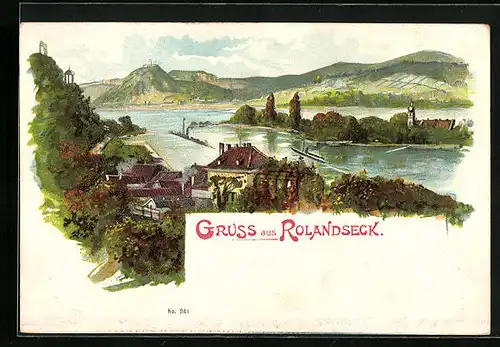 Lithographie Rolandseck /Rhein, Flusspartie mit Dampfer, Blick zum Siebengebirge