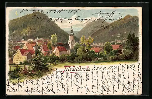 Lithographie Friedrichroda, Ortsansicht mit Kirche