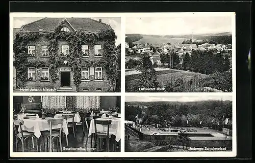 AK Much, Hotel Johann Miebach, Ortsansicht und Schwimmbad