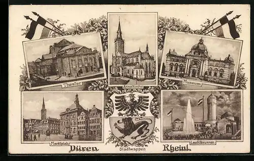 AK Düren /Rhld., Theater, Anna-Kirche, Museum, Leuchtbrunnen, Marktplatz und Stadtwappen