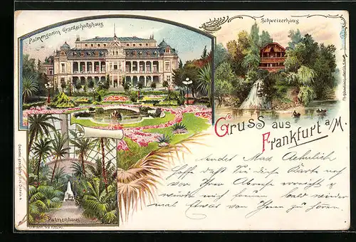 Lithographie Frankfurt-Westend, Palmengarten Gesellschaftshaus, Schweizerhaus und Palmenhaus