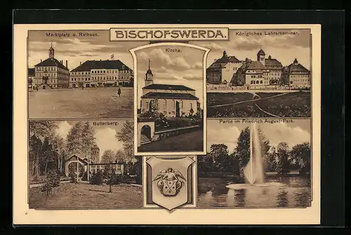 AK Bischofswerda, Marktplatz und Rathaus, Butterberg, Königliches Lehrerseminar, Friedrich-August-Park, Wappen