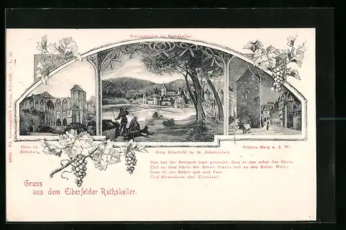 AK Elberfeld, Gasthaus Rathskeller, Wandgemälde Dom zu Altenberg, Burg Elberfeld und Schloss Burg a. d. W.