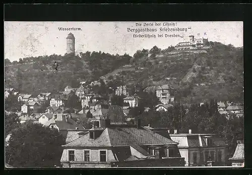 AK Niederlössnitz, Ortsansicht mit Berggasthaus Friedensburg und Wasserturm