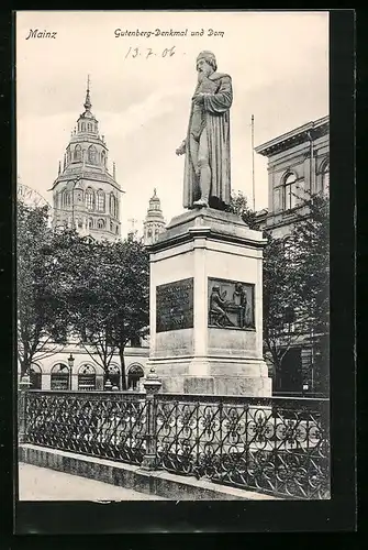 AK Mainz, Gutenberg-Denkmal und Dom