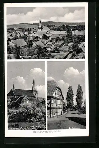 AK Bilshausen /Eichsfeld, Ortsansicht, Kirche und Dorfausgang