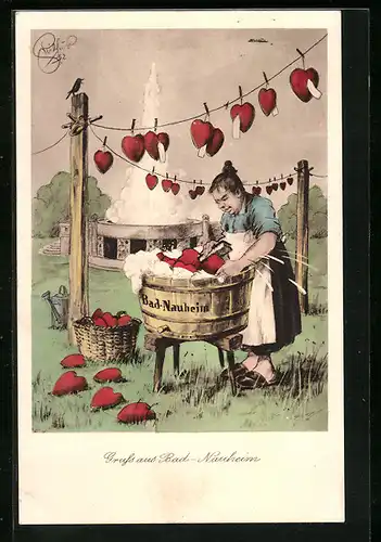 AK Bad Nauheim, Frau am Waschzuber hängt rote Herzen auf die Leine