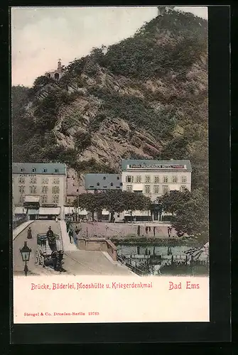 AK Bad Ems, Brücke, Bäderlei, Mosshütte und Kriegerdenkmal, Promenaden Hotel