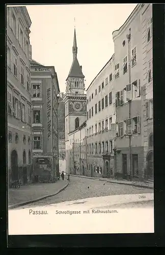 AK Passau, Schrottgasse mit Rathausturm