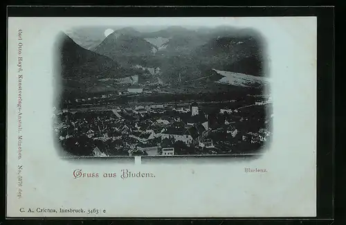 Mondschein-AK Bludenz, Totale mit Gebirgswand