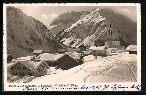 AK Mittelberg, Ortspartie mit Widderstein u. Bärenkopf i. Kl. Walsertal im Schnee