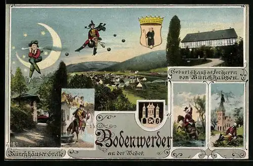 AK Bodenwerder an der Weser, Geburtshaus des Freiherrn von Münchhausen, Kirche, Ortspartie