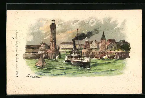 Künstler-AK Lindau, Hafeneinfahrt mit Leuchtturm und Dampfer