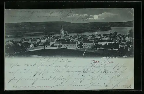 Mondschein-AK Ybbs a. d. Donau, Teilansicht mit Kirche
