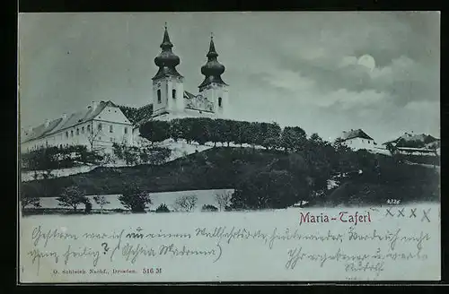 Mondschein-AK Maria-Taferl, Ortspartie mit Kirche