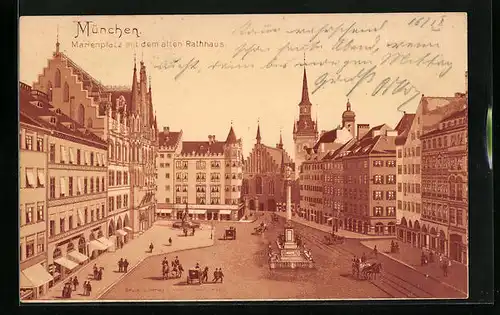 Lithographie München, Marienplatz mit dem alten Rathaus