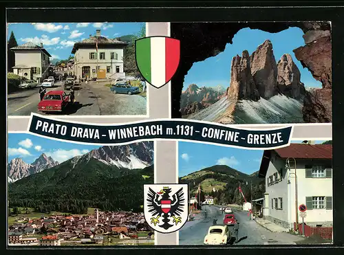 AK Winnebach, Ortsansicht, Felsformation und Prato Drava, Confine-Grenze