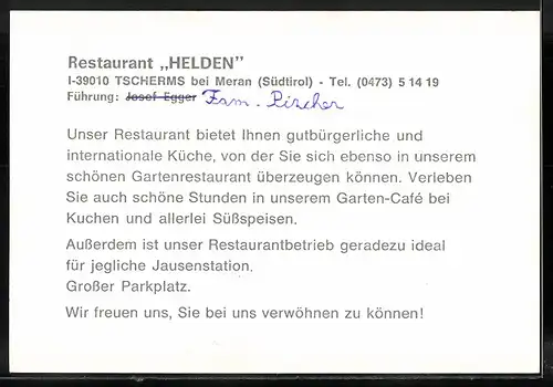 AK Tscherms, Restaurant Helden in drei Ansichten