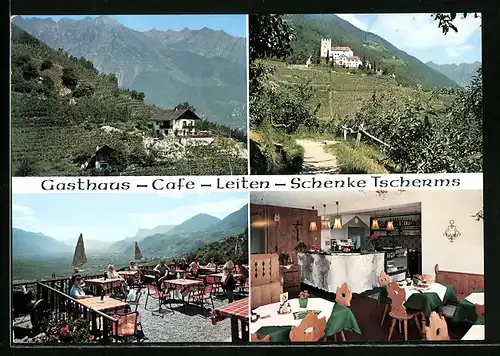 AK Tscherms, Gasthaus-Cafè Leiten-Schenke in vier Ansichten