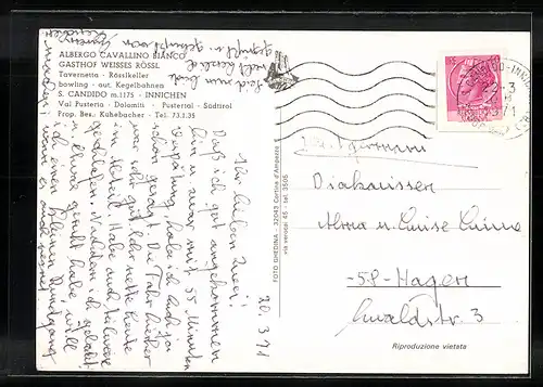 AK Innichen, Hotel Weisses Rössl in vier Ansichten mit Kegelbahn
