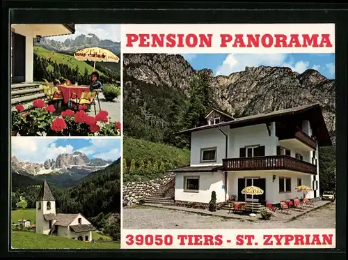 AK Tiers, Pension Panorama in zwei Ansichten und Kirche
