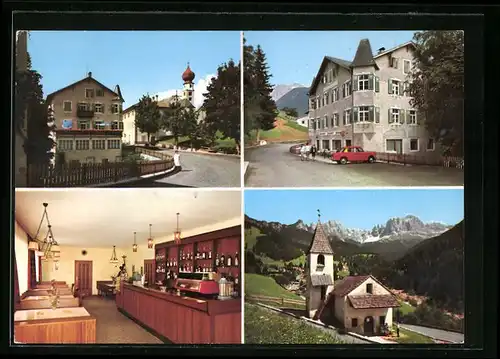 AK Tiers, zwei Ansichten von Pension-Restaurant Vajolet, Ortspartie und Kirche