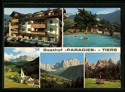 AK Tiers, Gasthof Paradies in zwei Ansichten, Ortsansicht, Kirche und Wegekreuz