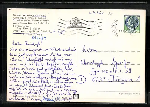 AK Moritzing, Gasthof Albergo Moosbauer in drei Ansichten