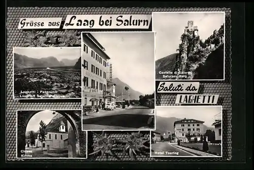 AK Laag bei Salurn, Laghetti-Panorama, Kirche, Hotel Touring und Salurner Burg