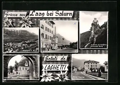 AK Laag bei Salurn, Laghetti-Panorama, Kirche, Hotel Touring und Salurner Burg