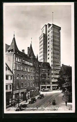 AK Stuttgart, Eberhardstrasse mit Tagblatt-Hochhaus