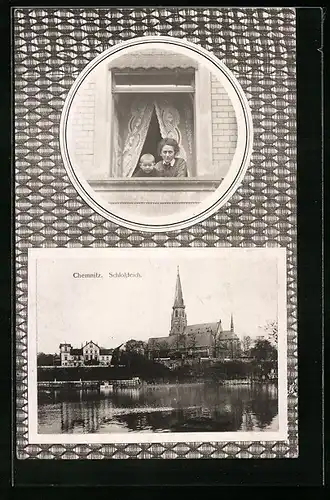 AK Chemnitz, Schlossteich mit Blick zur Kirche, Mutter mit Kind am Fenster