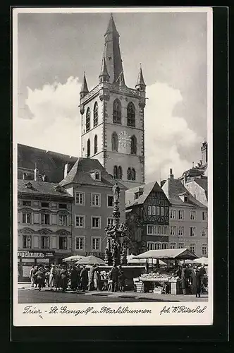 AK Trier, St. Gangolf und Marktbrunnen