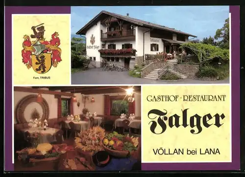 AK Lana /Völlan, Gasthof-Restaurant Falger mit Innenansicht und Wappen