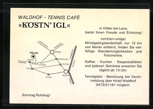 AK Völlan, Vier Ansichten vom Waldhof - Tennis Cafè Köstn`igl