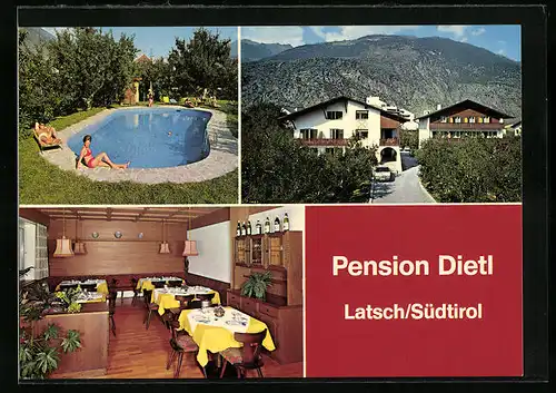 AK Latsch, Pension Dietl in drei Ansichten mit Schwimmbad