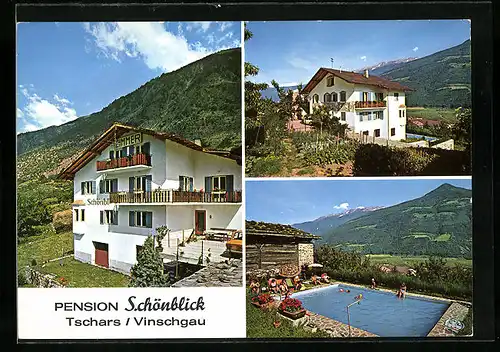 AK Tschars /Vinschgau, Pension Schönblick in drei Ansichten mit Schwimmbad