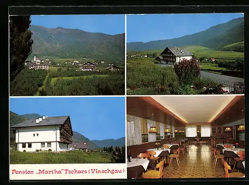 AK Tschars (Vinschgau), Ortsansicht und drei Ansichten der Pension Martha