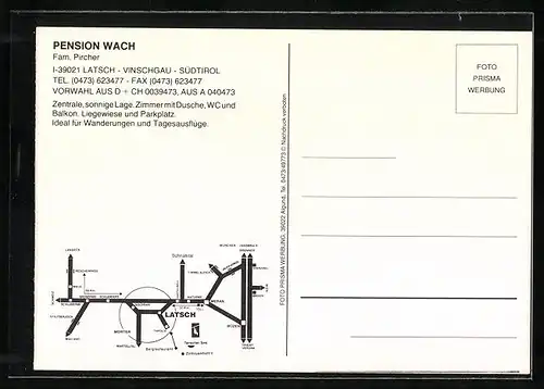 AK Latsch im Vinschgau, Pension Wach in drei Ansichten und Ortsansicht