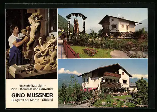 AK Burgstall, Holzschnitzereien - Zinn - Keramik und Souvenirs Gino Mussner in drei Ansichten