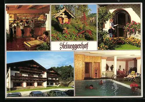 AK Steinegg, Hotel-Pension Steineggerhof mit Schwimmbad und Wegekreuz