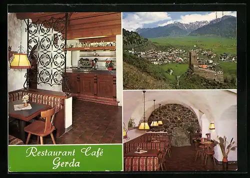 AK Burgeis, Ortsansicht und zwei Innenansichten vom Restaurant Gerda