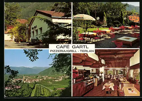 AK Terlano-Terlan, Ortsansicht und drei Ansichten vom Cafè Gartl