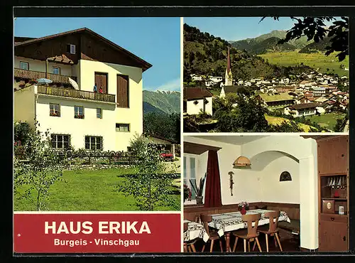 AK Burgeis (Vinschgau), Gesamtansicht und zwei Ansichten vom Haus Erika