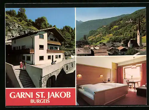 AK Burgeis (Vinschgau), Ortsansicht und zwei Ansichten von Garni St. Jakob