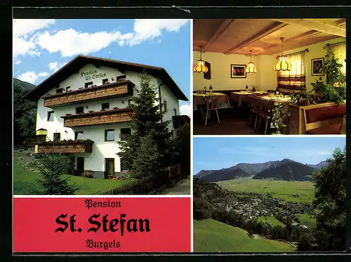 AK Burgeis (Vinschgau), Totalansicht und zwei Ansichten der Pension St. Stefan