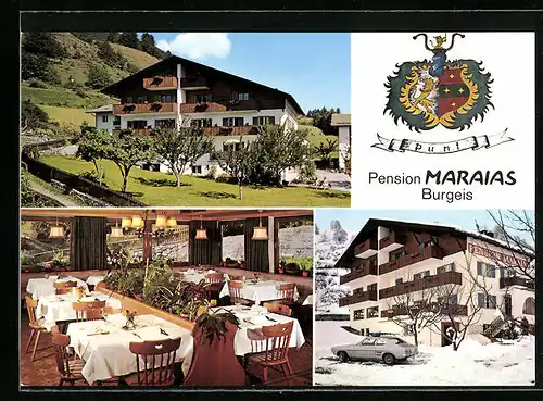 AK Burgeis (Vinschgau), Drei Ansichten der Pension Maraias mit Wappen