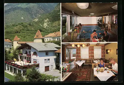 AK Goldrain /Vinschgau, Pension Obkircher in drei Ansichten mit Hallenbad