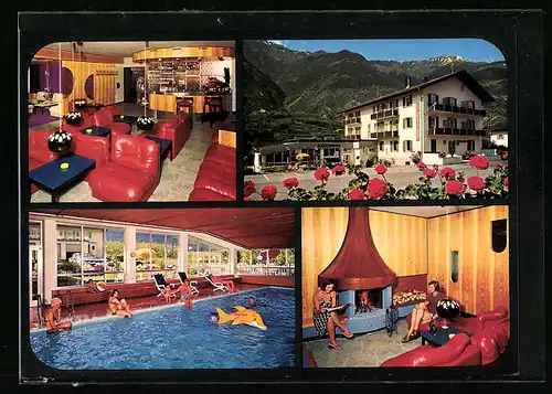AK Goldrain /Vinschgau, Hotel-Restaurant Goldrainerhof mit Hallenbad in vier Ansichten