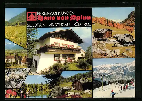 AK Goldrain /Vinschgau, Ferienwohnungen Haus von Spinn und sieben Ansichten der Umgebung